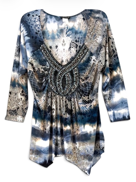 VENUS Tops - VENUS Embellished Mixed Print Blue and Cream Beaded V-Neck Blouse Size L